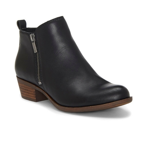 Lucky Brand Black Basel Smooth Leather Side Zip Block Heel Booties - Picture 1 of 15